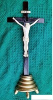21.) Antik, CSONT Jézus Krisztus 15 cm, 43 cm-es aranyozott talpas feszületen, impozáns, aprólékos,