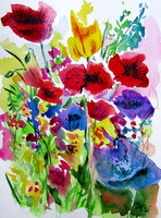 Wildflowers field with poppies -  watercolor painting -Vadvirágos rét pipacsokkal  akvarell festmény