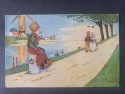 Régi svájci grafikus képeslap szélmalom, kisfiú, kisleány, holland papucs
