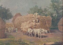 Eredeti szignózott Cserna Károly “Kazal  rakás” falusi életkép 60x80 cm + keret