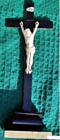 24.) Antik, CSONT Jézus Krisztus 10 cm, 29 cm-es aranyozott talpas feszületen, impozáns,