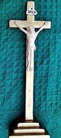 18.) Antik, CSONT Jézus Krisztus 8.5 cm, 25 cm-es aranyozott talpas feszületen, impozáns, aprólékos,