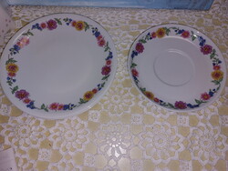 Alföldi szalmavirágos porcelán, 2db süteményes tányér,1db teás csésze alátét tányér