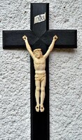 60. Antik, CSONT Jézus Krisztus (20 cm hatalmas méretek - kéz-láb!) 40 cm-es feszület, impozáns nagy