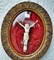 1.) Antik, CSONT Jézus Krisztus (22 cm), Korpusz 46.5 cm-es ovális fa keretben, impozáns!