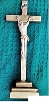 20.) Antik, CSONT Jézus Krisztus 9.5 cm, 25 cm-es aranyozott talpas feszületen, impozáns, aprólékos,