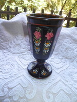 Bider stíl zománcfestett--virág motívum  üveg kúra pohár