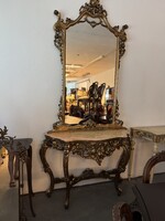 Baroque antique gold marble flat console with matching mirror