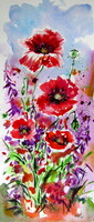 Field with poppies -  watercolor painting -Rét pipacsokkal  akvarell festmény