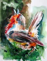 Singing robin-  watercolor painting - Éneklő vörösbegy -  akvarell festmény