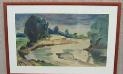 Balla József festmény tájkép folyó akvarell 54,5 x 82 cm  üvegezve szignált aláírt.