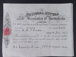 1908-as életbiztosítási befizetési nyugta londoni National Mutual Life Association of Australasia Lt