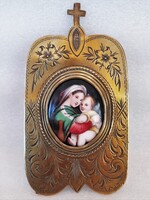 Antik kézzel festet porcelán betétes réz asztali kegytárgy, házioltár