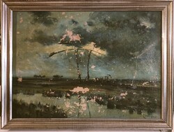 Móna Sándor festőművész, Hortobágyi ketteskút. Olaj/vászon.50x70cm plusz keret! Sérült!