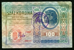 1912 100 Korona Óbecse felülbélyegzés