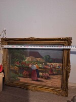Morvay Jenő (1902 - 1945) híres szlovákiai magyar festő Virágpiac jelzett olaj farost festmény