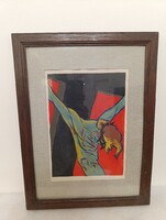 Antik festmény tempera papír 1957 Jézus feszület keresztény keretben szignált 410 2306