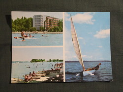 Képeslap,Balaton,mozaik,Siófok,üdülő,szálló,strand,csónak,vitorlás hajó látkép részlet,1979-