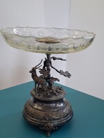 Szarvasos, erdős, réz, ezüstözött asztalközép, kínáló, kristály tállal, vadászoknak is