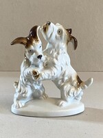 SITZENDORFI NÉMET PORCELÁN SZOBOR, JÁTSZÓ KUTYÁK, FESTETT RETRO VITRIN TÁRGY