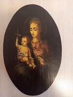 Gyönyörű, fából készült,XX.szàzadi ovális ikon,amelyen Mária látható a gyermek Jézussal, 23 cm magas