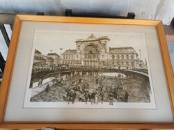 Kádas István rézkarc  Keleti pályaudvar
