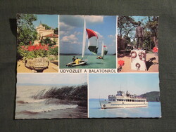 Képeslap,Balaton,mozaik,Balatonszárszó,Balatonszemes,sétahajó,vitorlás hajó látkép,részlet,1976-