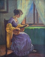 Elegáns fiatal nő gitárral (olajfestmény) XX. század első fele, "Halmai K." szignó - lila ruhás lány