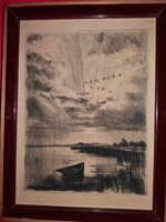 Nagyon szép Fehér Ilona rézkarc :Napkelte a Balaton felett 30 X 24 cm + a keret a képek szerint