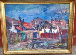 Mészáros Lajos (1925-1971) Tabáni Utca Szolnokon,Képcsarnokos Festmény