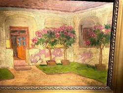 Kató Kálmán (Mohács, 1876 - Budapest, 1946) Virágos udvar régi olaj festmény