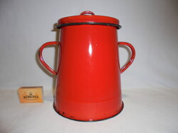 Régi, zománcos piros bödön, zsír tároló edény "Bonyhád" - két literes