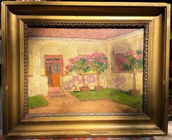 Kató Kálmán (Mohács, 1876 - Budapest, 1946) Virágos udvar régi olaj festmény
