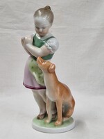 Herendi nagy méretű kézzel festett porcelán kislány kutyával figura hibátlan állapotban 21,5cm.magas
