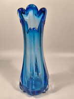 Kézzel fújt Muranoi kék vastag falú üveg váza Ü6