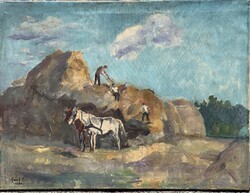 Eredeti szignózott Gách István Lipót “Kazal  rakás” falusi életkép 60x80 cm + keret