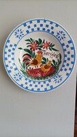 Régi kakasos Hollóházi  keménycserép festett népi falitányér Jóreggelt!