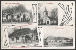 Porládony (Tompaládony), Pollák Károly kereskedése - Postahivatal - Harang torony - Ev. iskola 1909