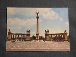 Képeslap,Budapest,Hősök tere,Millenniumi emlékmű,városi látkép,részlet,1963-