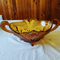 Art deco füles Brokwitz üveg tál, asztalközép, talpán sérülés