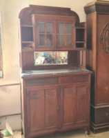 Gyönyörű tükrös szürke fehér márványlapos barna szecessziós tálaló szekrény