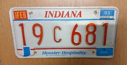 Régi USA rendszám rendszámtábla 1993-ból 19 C 681 Indiana Hoosier Hospitality