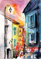 Night walk-  watercolor painting - Esti séta - akvarell festmény