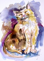 Happy cat - watercolor painting - Boldog cica - akvarell festmény