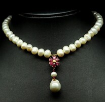 Valodi fehér Barokk Gyöngysor Rubinnal Nyaklánc 925 Ezüst 18K Kapocs