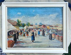 Parányi p. István (1903-1979): market scene (oil, canvas) painter from Parányi-Pabar Mezőtúr - market