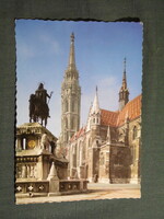 Képeslap,Budapest,Mátyás templom,Szent Itván szobor,városi látkép,részlet, 1976-