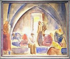 Jándi Dávid- Várakozók, akvarell 48x58cm - 52276