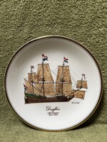 Angol porcelán dísztányér, hajó, vitorlás