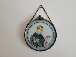 Régi szentkép szecessziós vallási antik fali kép réz keretben liliom kereszt Jézus